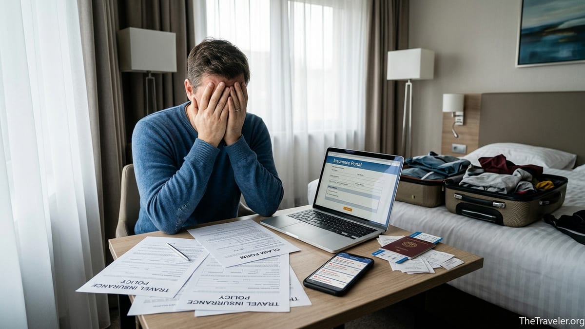 Traveler reviewing travel insurance documents at a hotel desk amid a disrupted trip