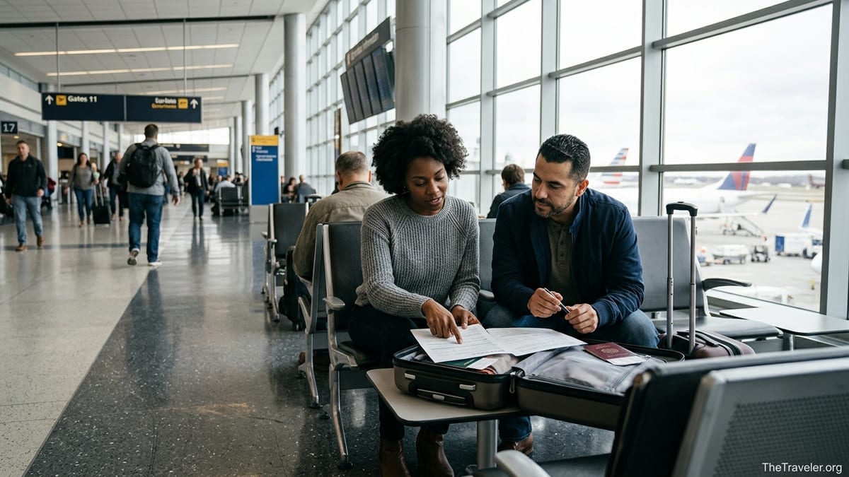 Travelers reviewing documents at an airport gate, considering travel insurance options.