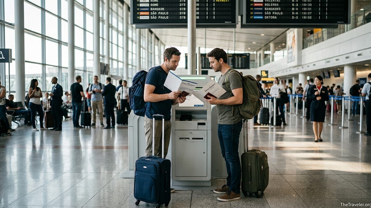 Two travelers at an airport check-in kiosk comparing travel insurance documents.