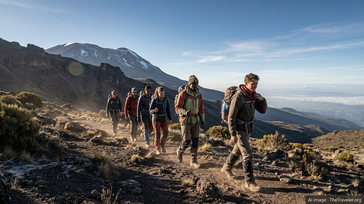 Diverse group of trekkers ascend Mount Kilimanjaro's Machame Route at sunrise.