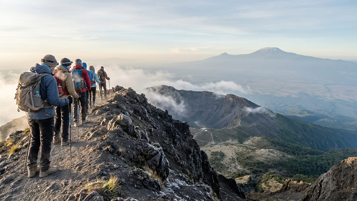 Trekkers traverse Mount Meru's summit ridge at sunrise, overlooking the volcanic crater and distant Mount Kilimanjaro.