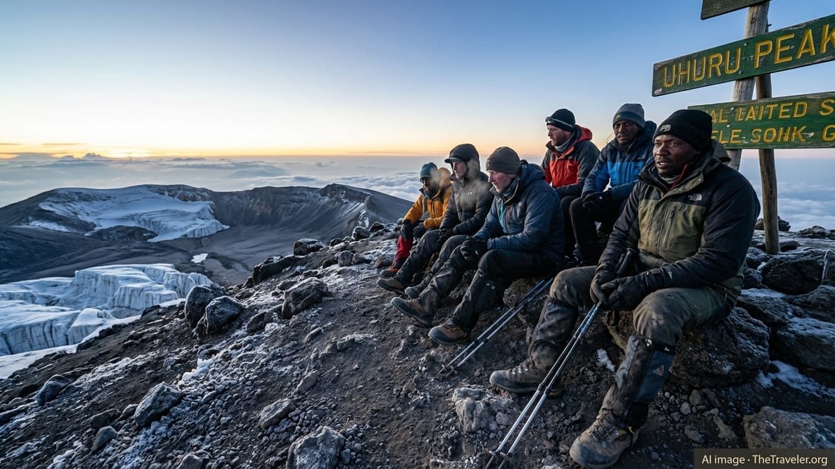 Trekkers resting at dawn on Mount Kilimanjaro's summit, with vast crater rim and glaciers behind.