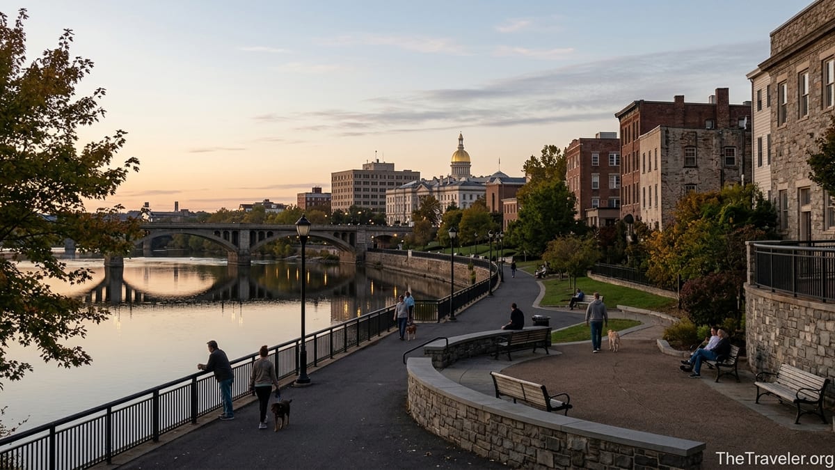 Early evening view of Trenton’s Delaware riverfront park with the State House dome in the distance.