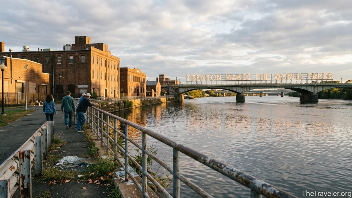 Golden hour view of Trenton’s “Trenton Makes” bridge over the Delaware River from a worn riverfront walkway.