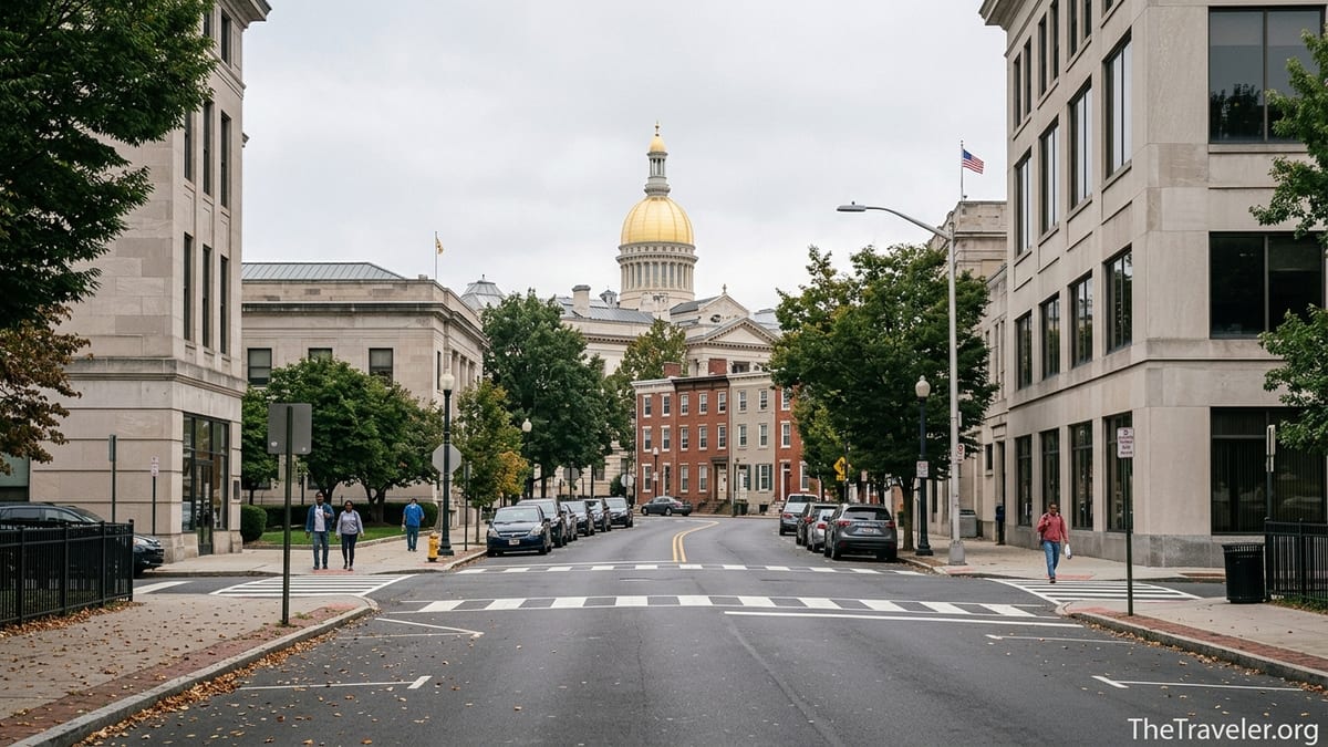 Street-level view of Trenton’s State House dome and surrounding capitol district on an overcast day.