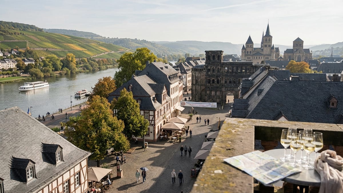 Overhead view of Trier's historic old town and the Moselle Valley in autumn. 