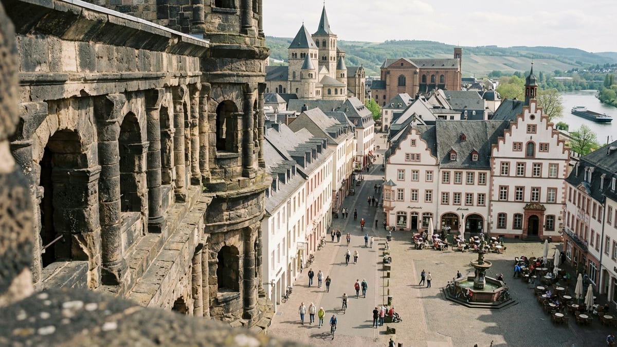 Overlooking view of Trier's old town, Porta Nigra, and Moselle valley.