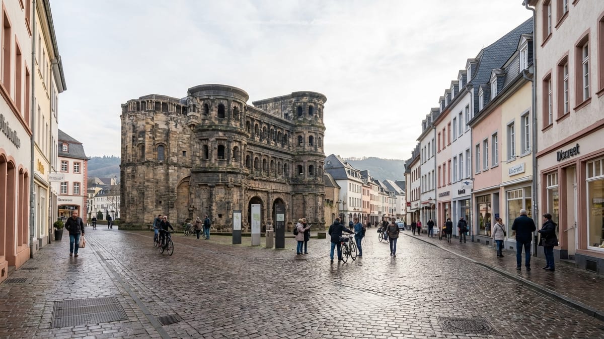 Historic Trier center with Porta Nigra and mixed architectural styles on overcast afternoon. 