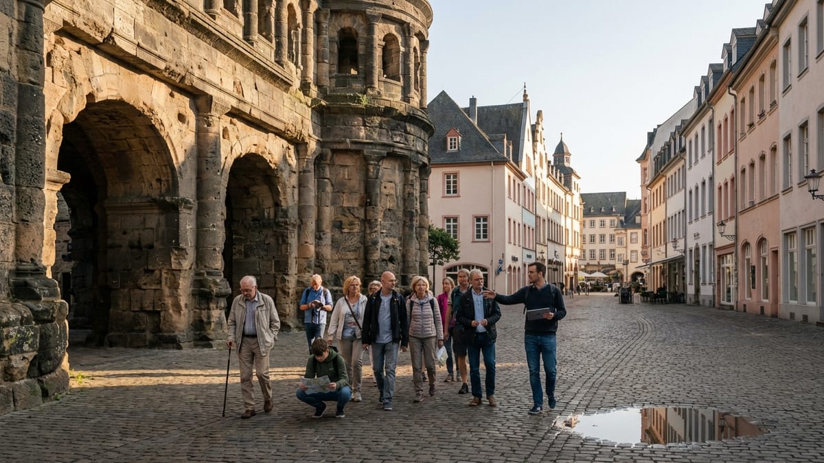 Mixed-age group on a guided walking tour in Trier's historic center at golden hour.