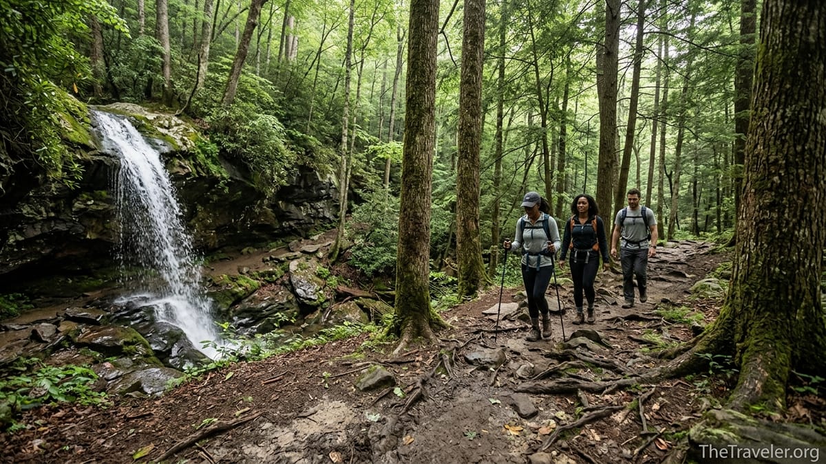 Hikers on Trillium Gap Trail near Grotto Falls in Great Smoky Mountains National Park.