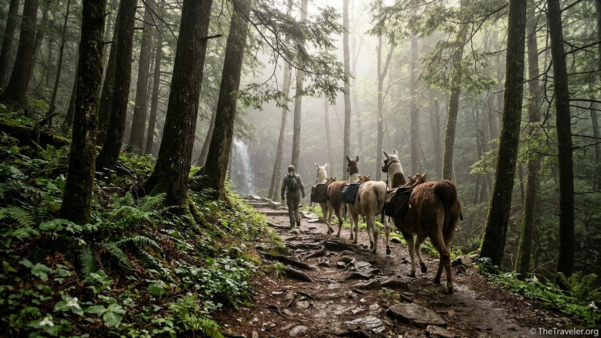 Llama pack train climbing Trillium Gap Trail through misty forest in Great Smoky Mountains.