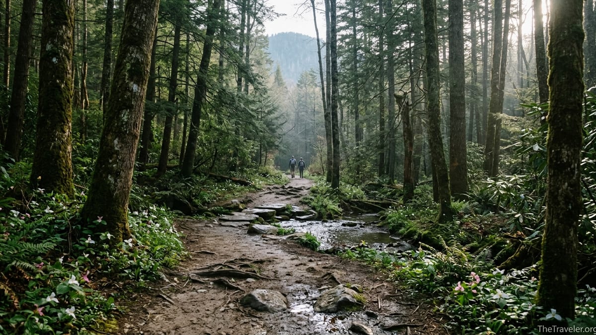 Forest section of Trillium Gap Trail with wildflowers and hikers in Great Smoky Mountains.