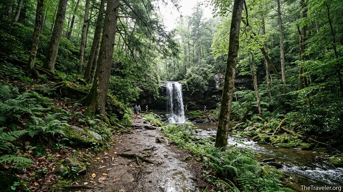 Hikers on Trillium Gap Trail approaching Grotto Falls through lush forest in the Smokies.