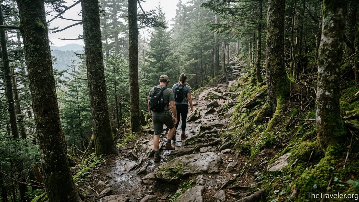 Hikers climbing a steep, rocky section of Trillium Gap Trail through dense Smokies forest.