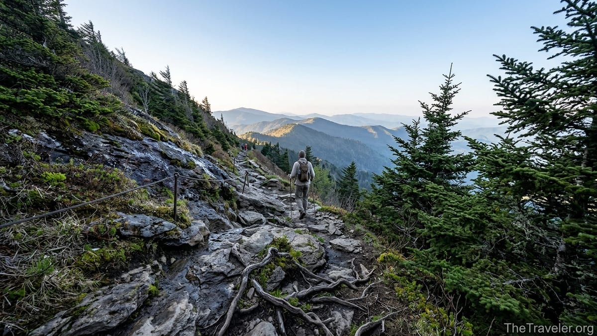 Hiker on a narrow Mount Le Conte trail with hazy Smoky Mountain ridges in the distance.