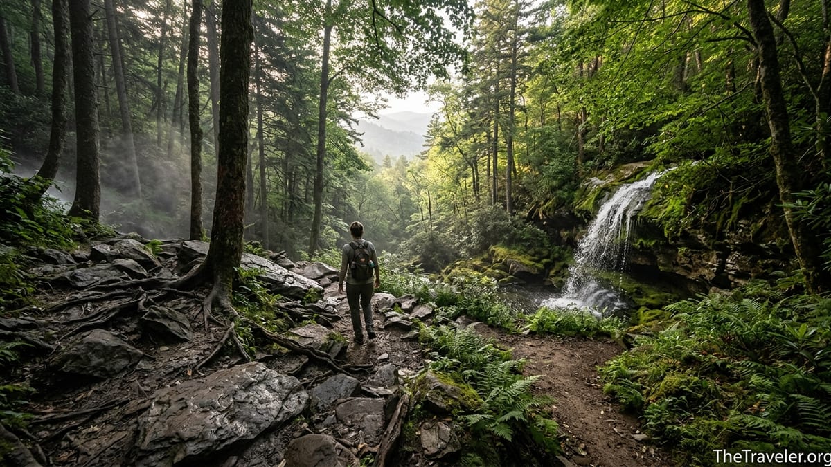 Hiker on a forested trail ascending toward Mount Le Conte in Great Smoky Mountains National Park.