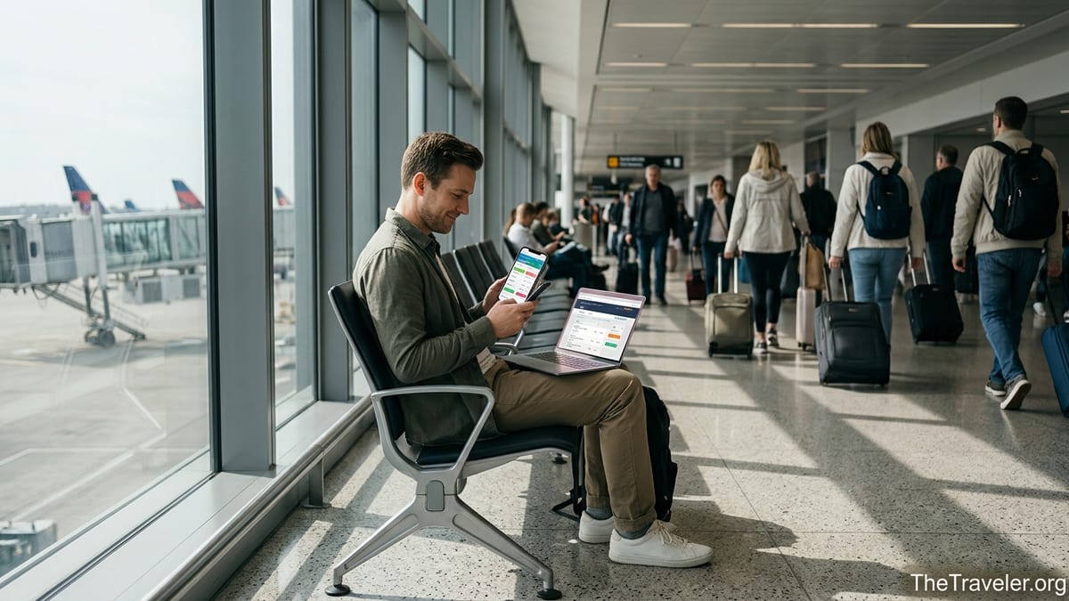 Traveler in an airport comparing surprisingly cheap fares on a phone booking app.