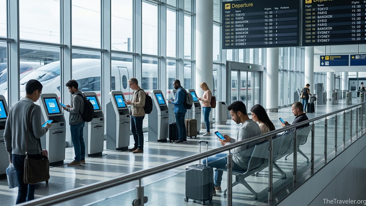 Travelers using a mobile booking app in a bright modern airport terminal