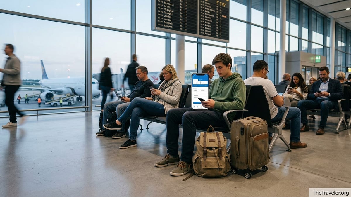 Traveler checking a mobile booking app in a busy international airport departures hall.