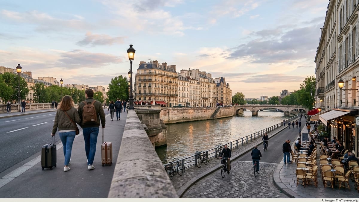 Evening view of central Paris with travelers walking along the Seine and classic buildings lit at golden hour.