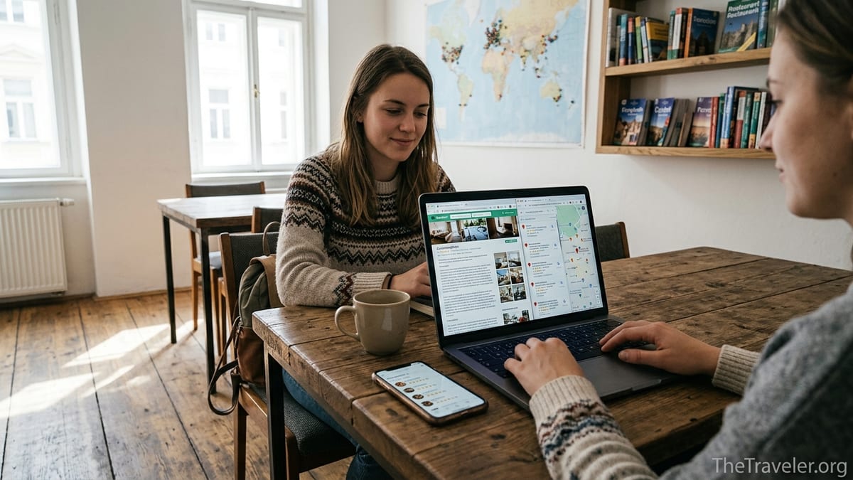 Traveler comparing hotel and restaurant reviews on laptop and phone in a hostel common room.
