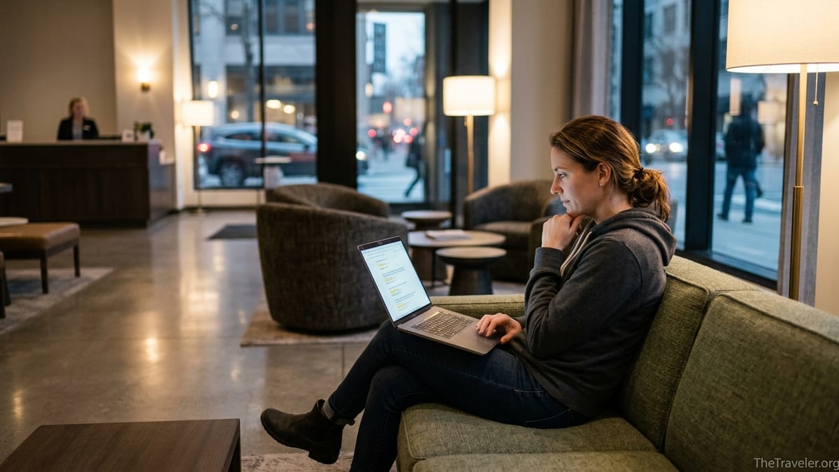 Traveler in a hotel lobby reading mixed online reviews on a laptop.