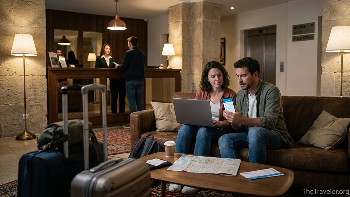 Travelers in a hotel lobby checking skeptical review scores on a laptop and phone.