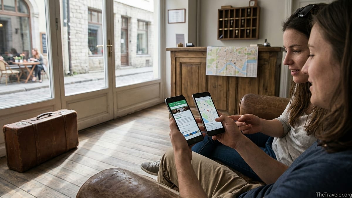 Two travelers in a hotel lobby comparing Tripadvisor and map reviews on their phones.