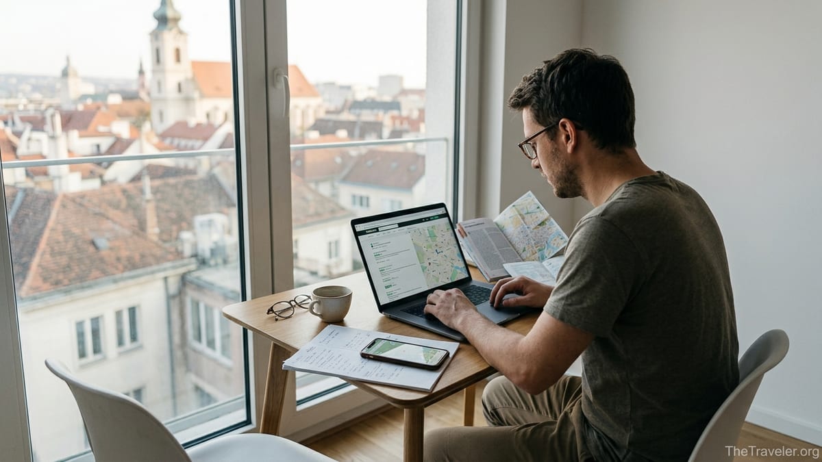 Traveler planning a trip with a laptop, map, and guidebook at a sunlit table.