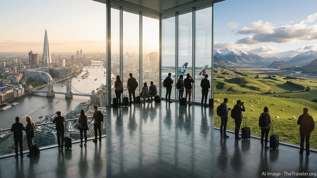 Airport observation area with travellers overlooking London skyline and New Zealand mountains.