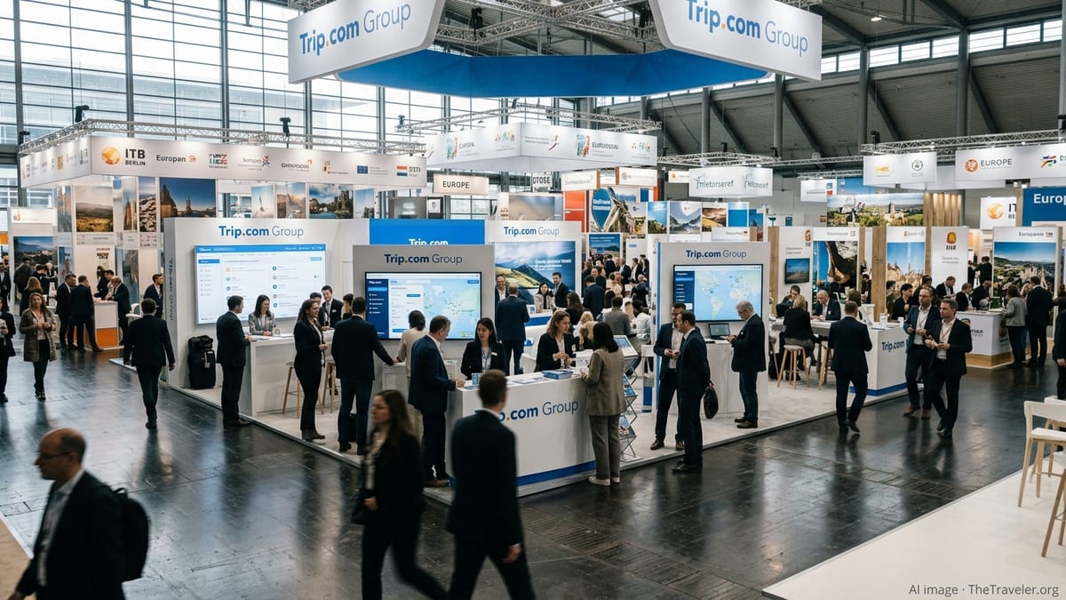 Trip.com Group booth at ITB Berlin with visitors exploring AI travel displays.
