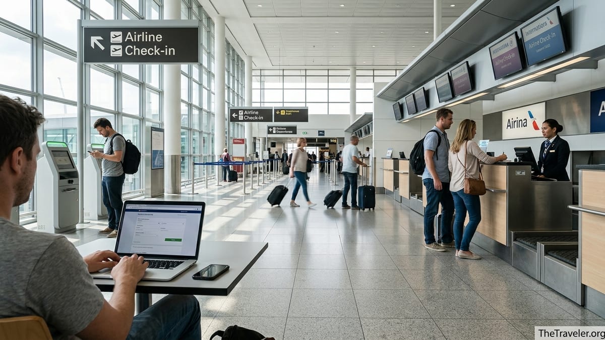 Traveler comparing online booking on a laptop with airline check-in desks in a busy airport.