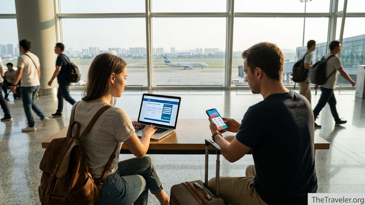 Two travelers in an airport comparing hotel and flight apps on laptop and phone.