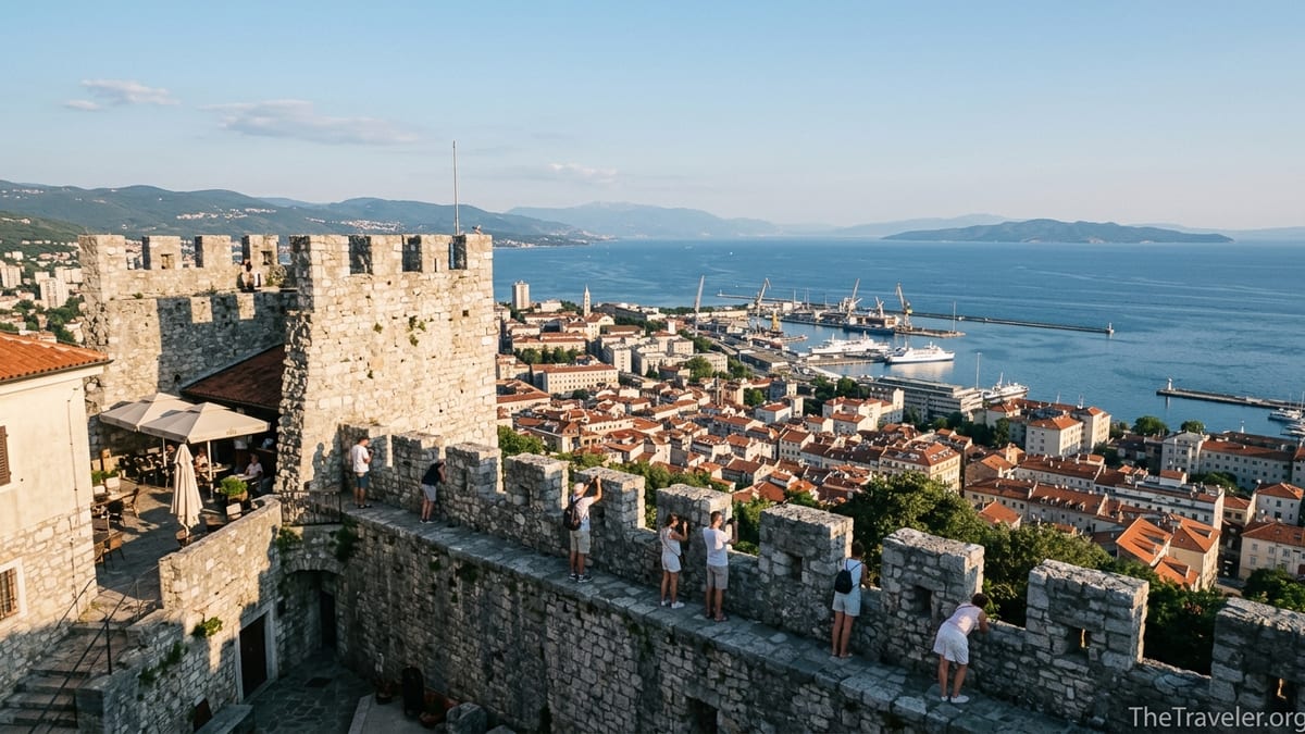 View from Trsat Castle over Rijeka’s rooftops and harbor on a clear afternoon.