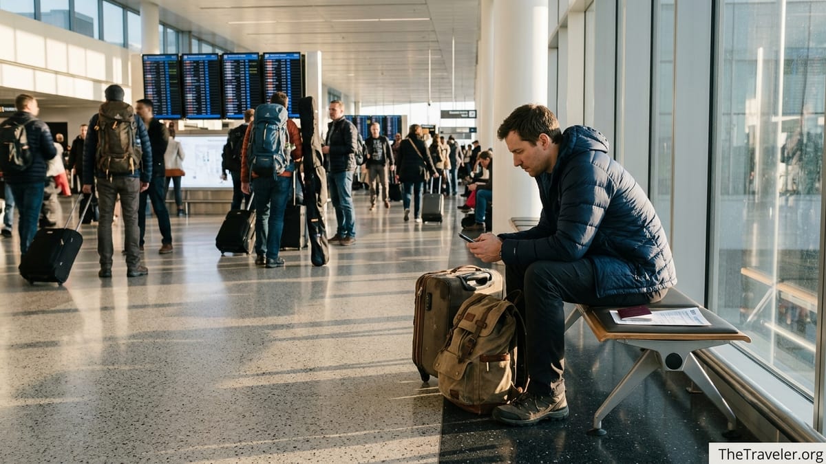 Traveller in airport checking travel insurance papers beside backpack and suitcase.
