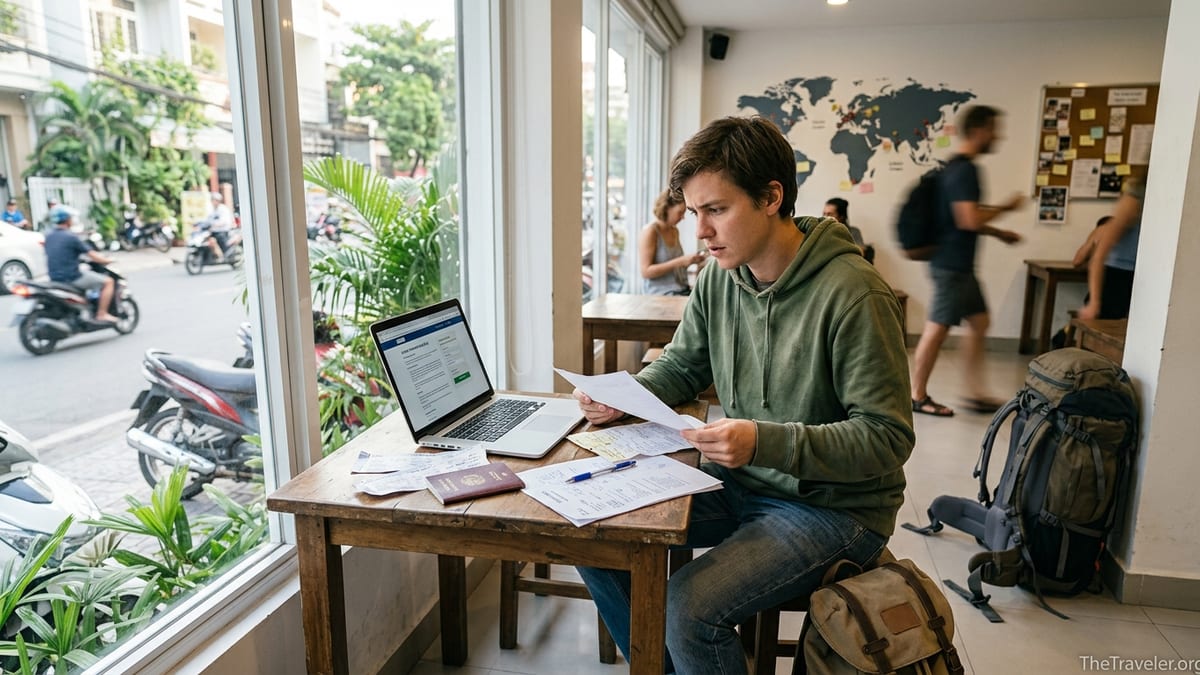 Traveller comparing travel insurance documents on a laptop in a bright hostel common room.