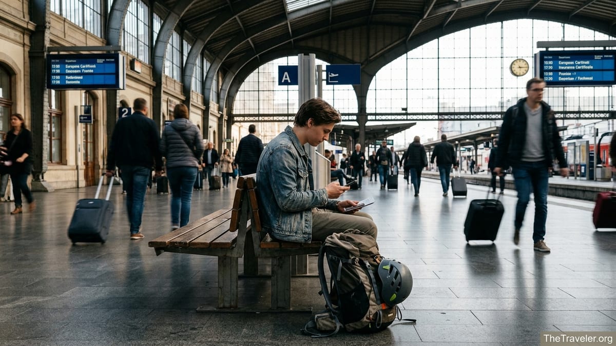 Young traveller checks insurance on phone in busy European train station concourse.
