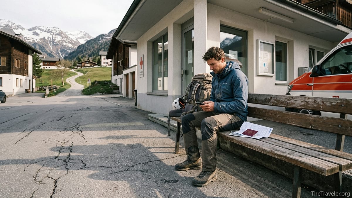 Backpacker outside a small alpine clinic reviewing travel insurance papers with mountains in the background.