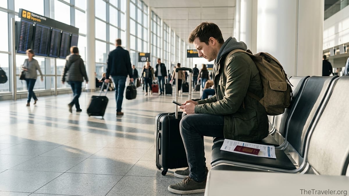 Backpacker in a European airport reviewing travel insurance documents before departure