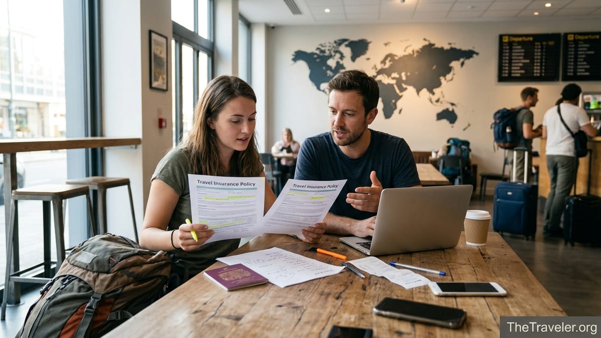 Two backpackers compare travel insurance documents in a bright hostel lounge.