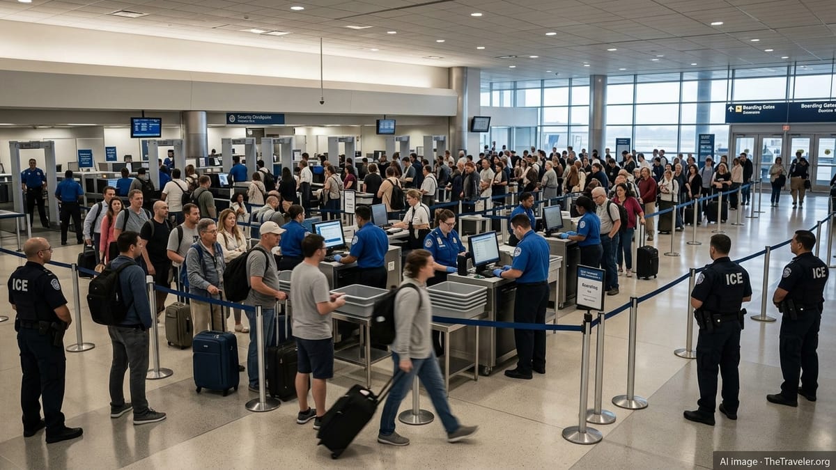 Travelers queue at an airport TSA checkpoint as ICE officers stand watch nearby.