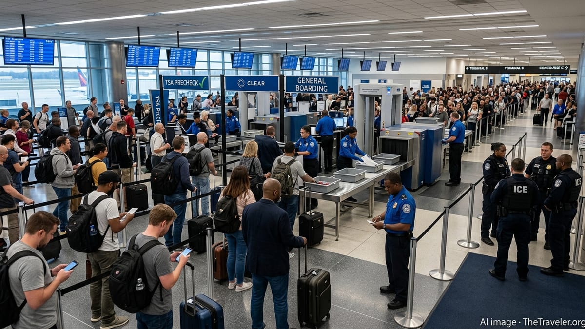 Crowded U.S. airport security line with TSA staff and ICE agents visible near checkpoints.