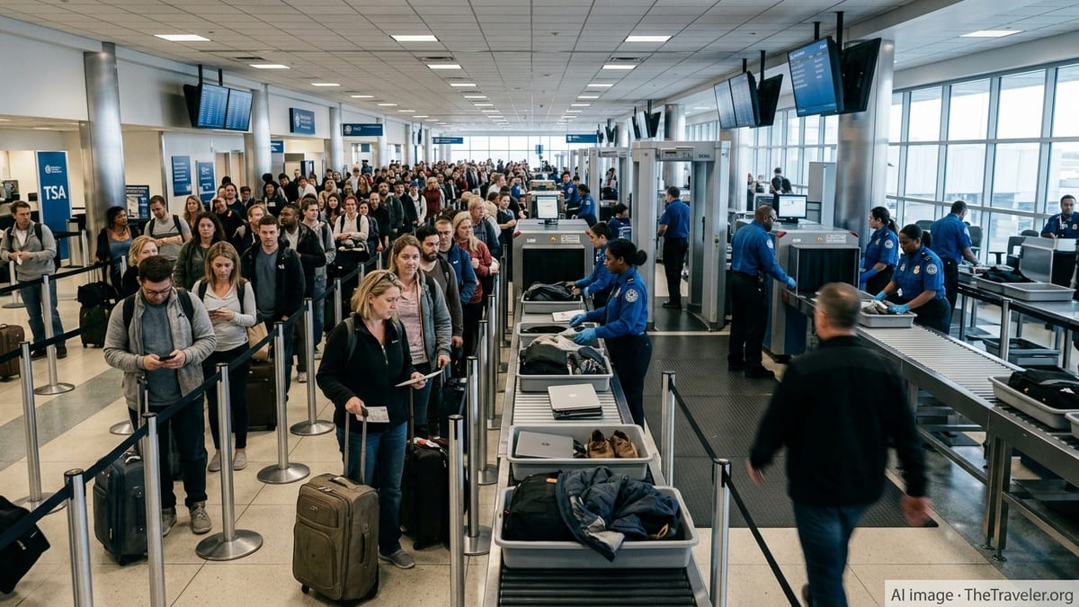 Crowded airport security line with TSA officers screening passengers during a funding crisis.