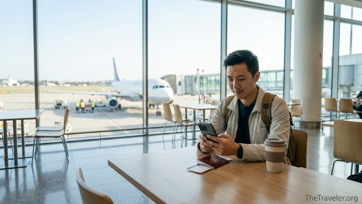 Traveler using a smartphone eSIM at an airport gate with plane outside window.