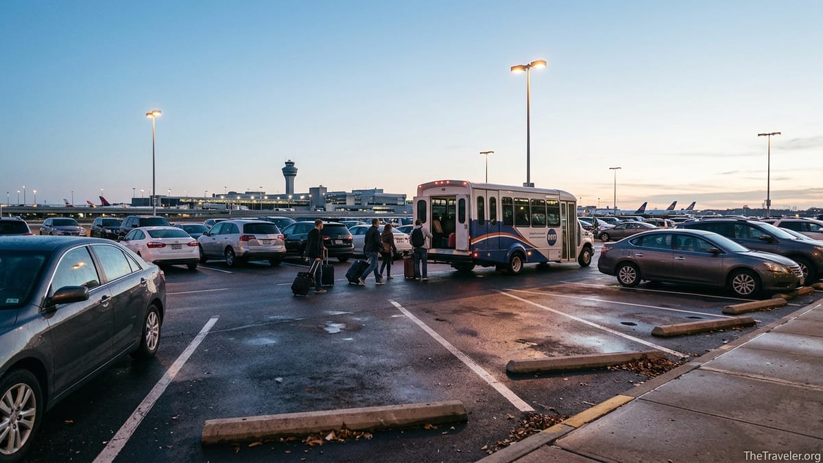 Travelers boarding a shuttle in an off-airport parking lot near a busy terminal at dawn.
