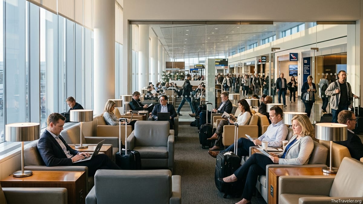 Travelers relaxing in a busy airport lounge with terminal and rival lounges visible beyond glass wall.