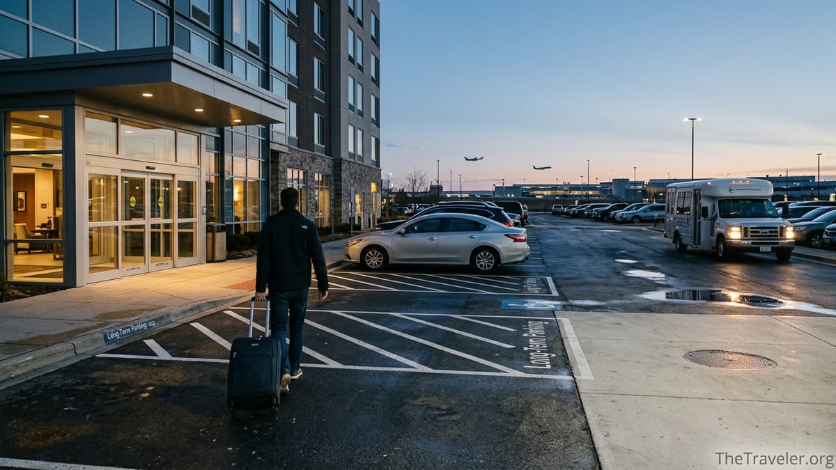 Traveler walking through an airport hotel parking lot at dawn toward a shuttle van.