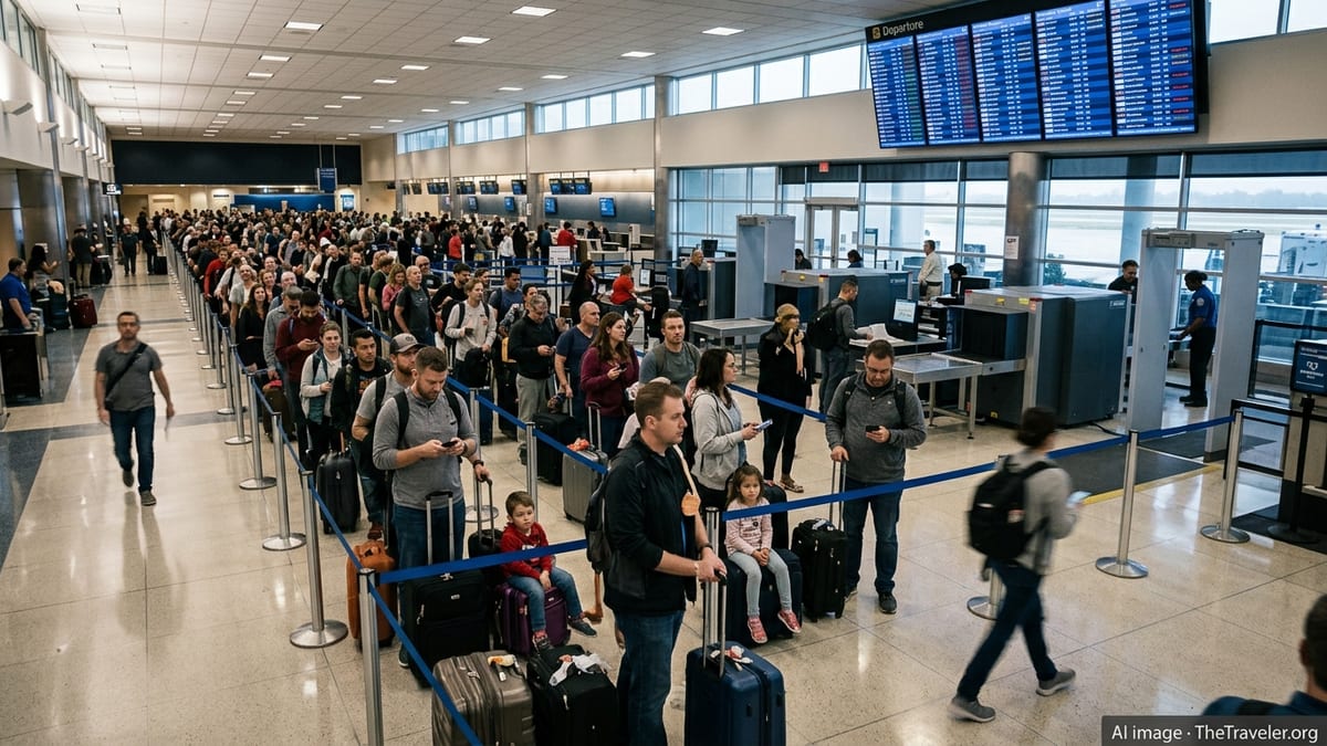 Crowded TSA security line winding through a busy airport terminal in Houston.