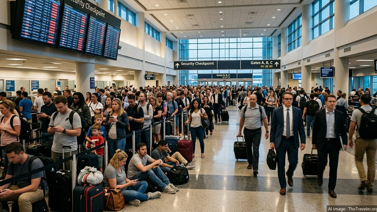 Crowded U.S. airport terminal with long TSA security lines and delayed flights on the departure board.