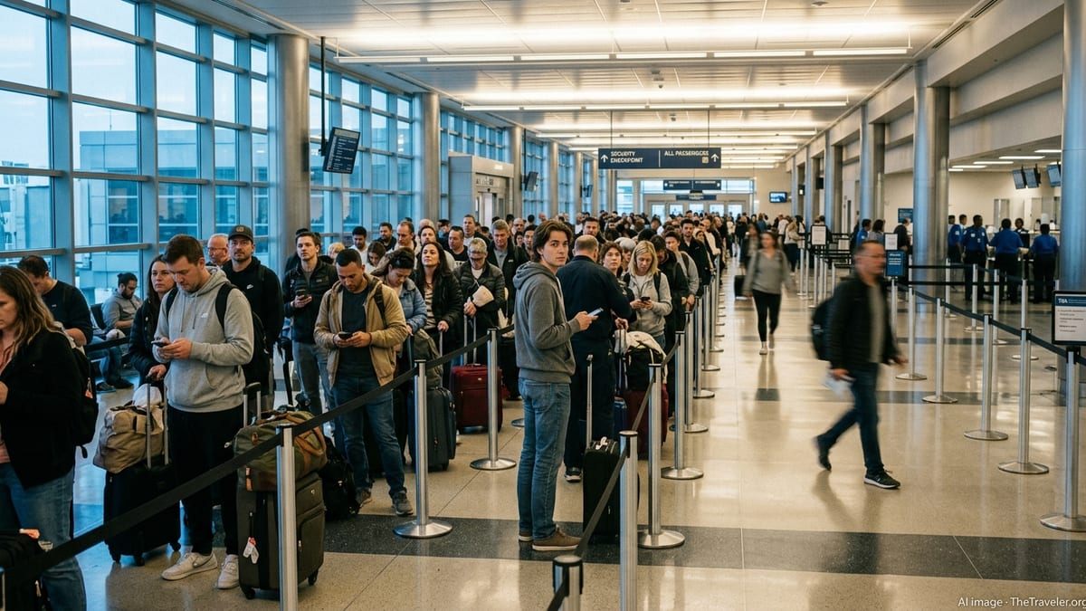 Crowded airport security line with travelers and a person holding a spot near the TSA checkpoint.